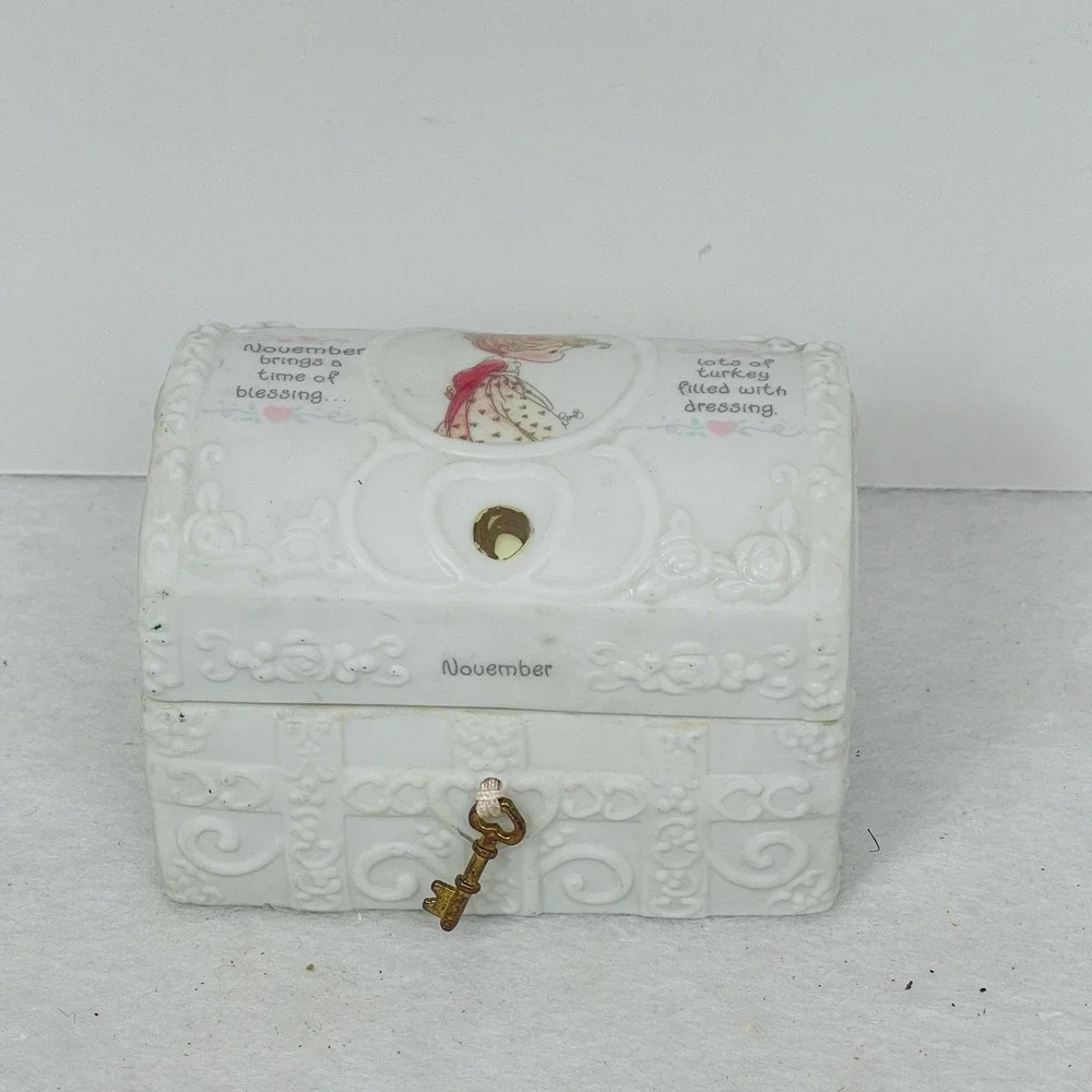 November Topaz Porcelain Treasure Chest Trinket Box White Ceramic Birthstone